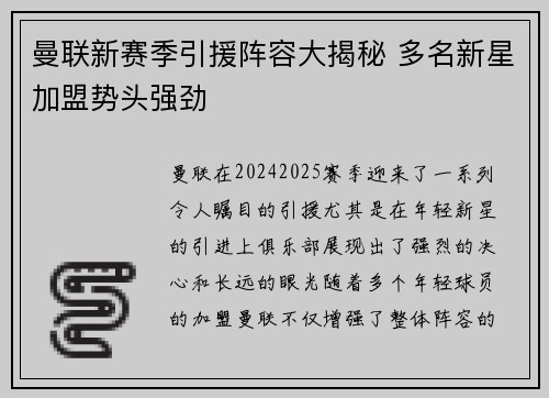 曼联新赛季引援阵容大揭秘 多名新星加盟势头强劲