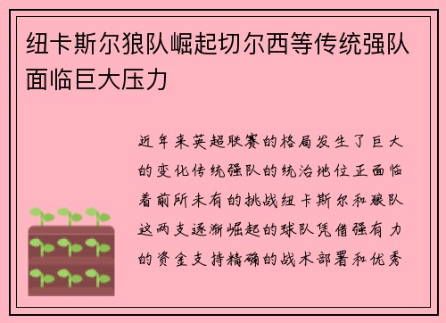纽卡斯尔狼队崛起切尔西等传统强队面临巨大压力