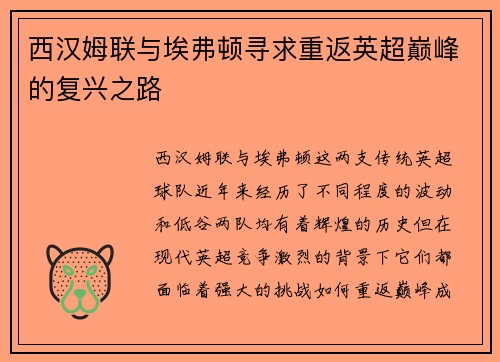 西汉姆联与埃弗顿寻求重返英超巅峰的复兴之路