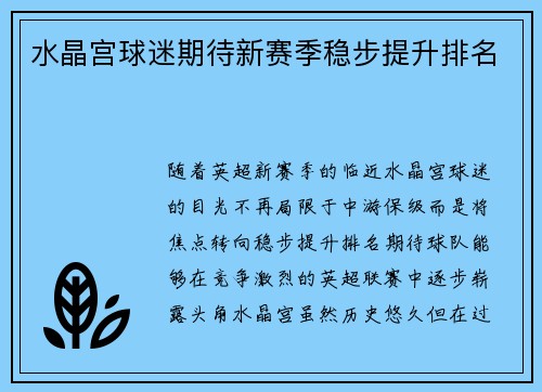 水晶宫球迷期待新赛季稳步提升排名